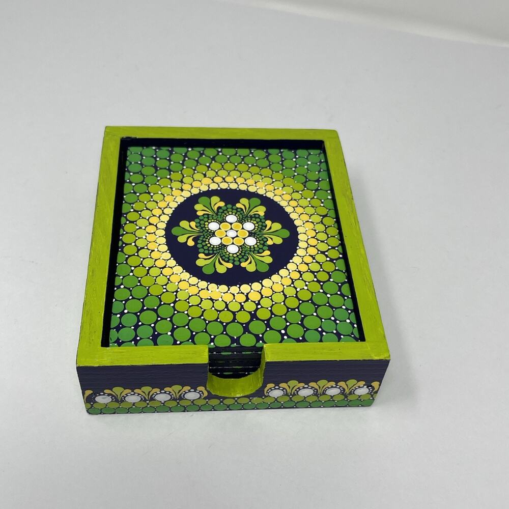 Hand Painted Wood Coaster Set Of 6 Squares In Caddy Boho Green Blue From India